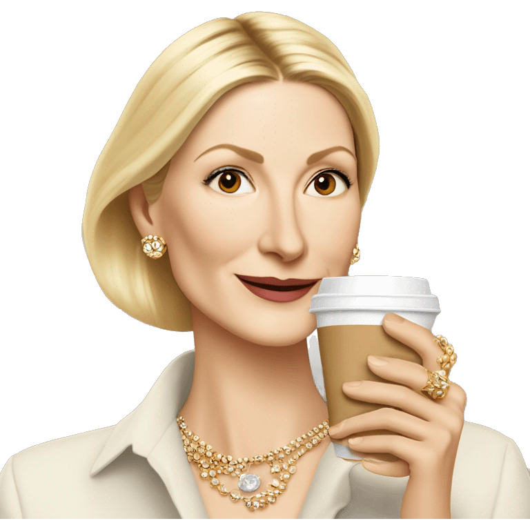 Kelly Rutherford with jewellery wearing drinking cappucino bob carre emoji