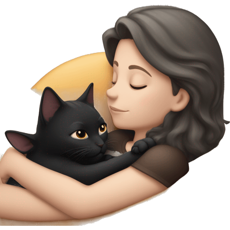 Black kitty sleeping on brunette white girl's lap emoji