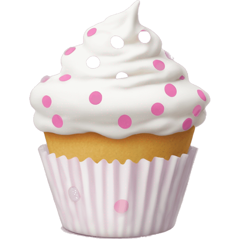 White frosted cupcake with pink polka dot cup liner emoji