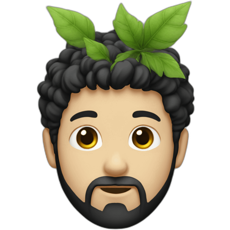 white boy with black hair and a beard, and a plant emoji