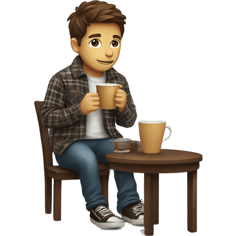 A boy drink coffe with plaid emoji