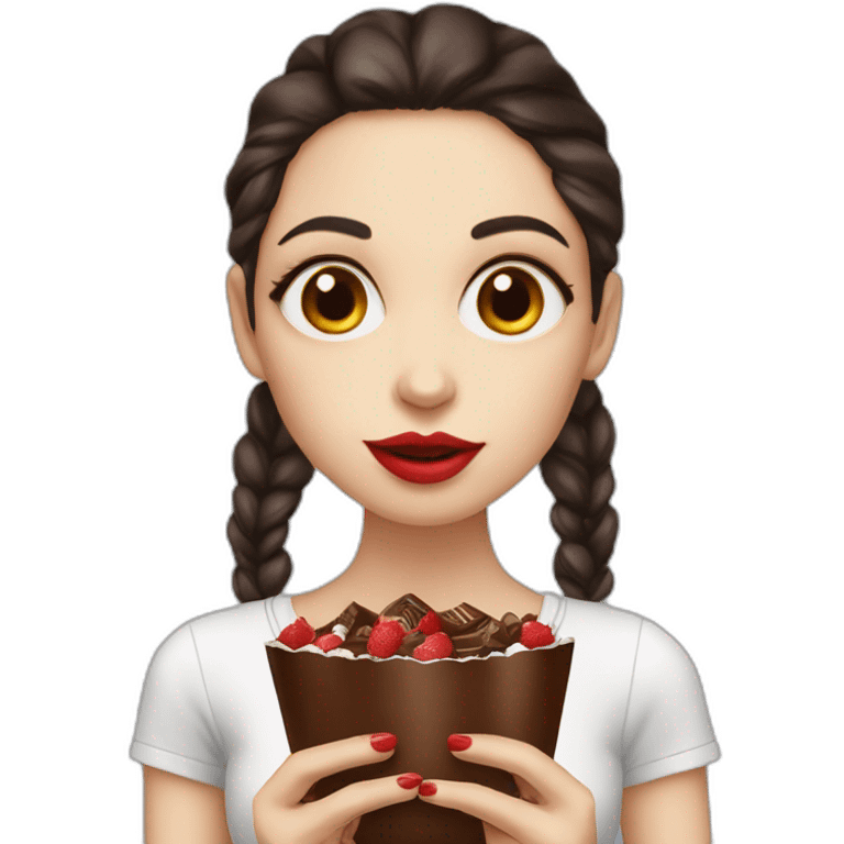 Big eyes dark brown hair red lips long eyelashes woman eating chocolate emoji