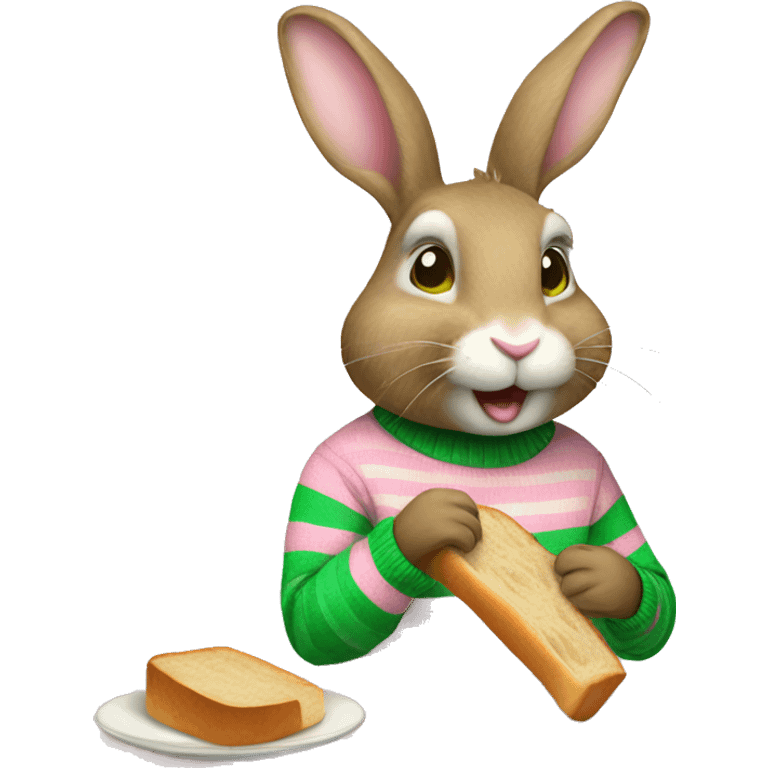 Rabbit wearing pink and green stripe sweater and eating bread emoji