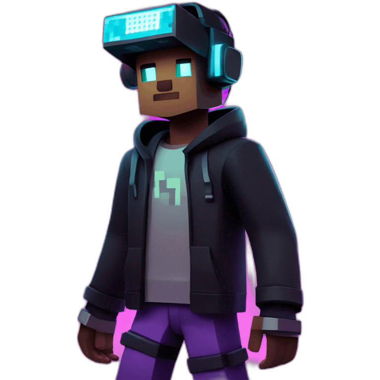 Minecraft steve wearing a black hoodie with "OMG" letters on it and VR headset in a cyberpunk VR environment with violet neon lighting. emoji