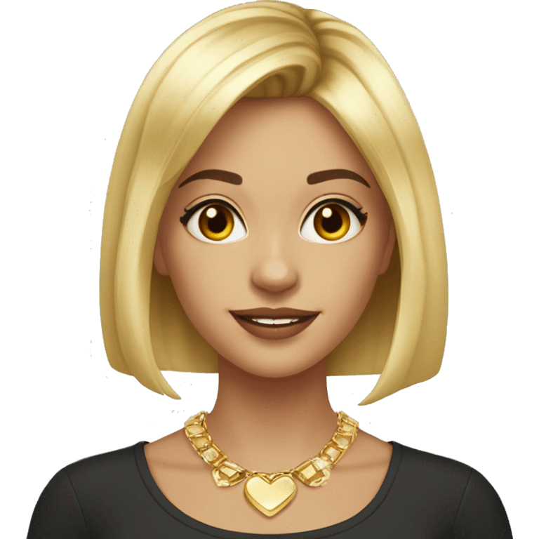 Blonde girl, lob haircut with bangs, christmas style, gold necklace, gold earrings emoji