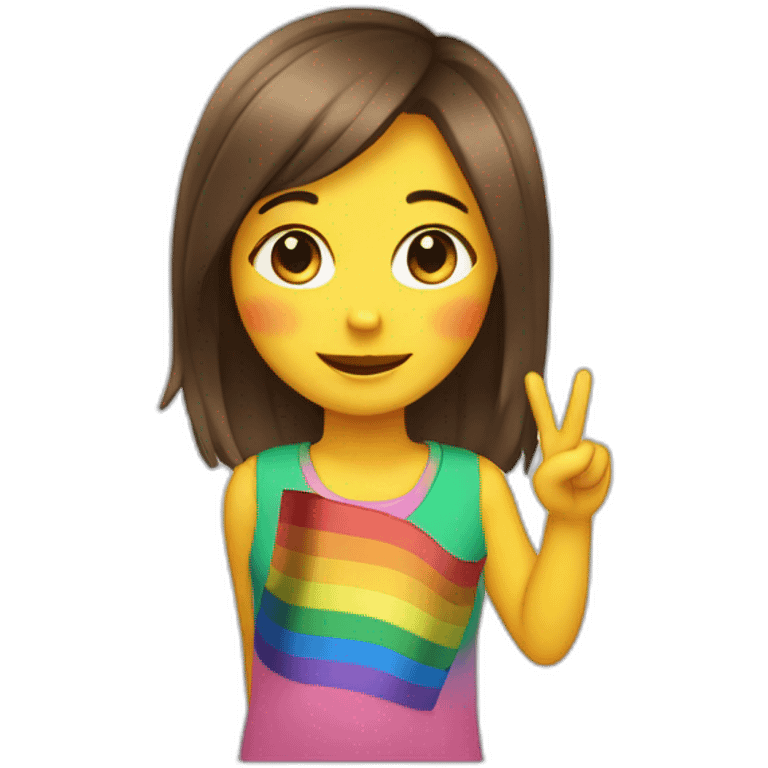 Girl with rainbow flag in the back doing a peace sign and a winky face emoji