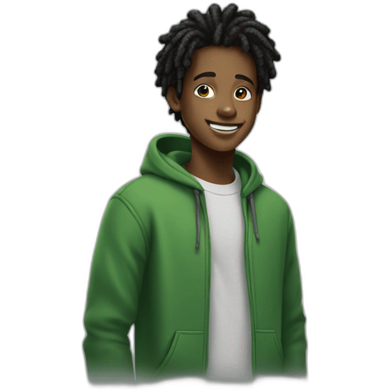 smiling black teenager boy with black locs wearing a green hoodie emoji