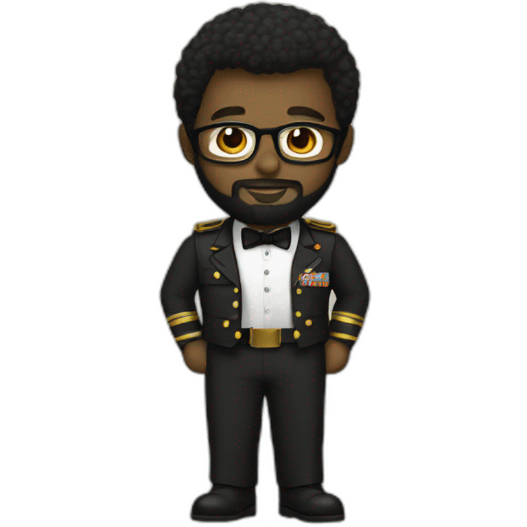 black soldier with beard, part in hair, white collared shirt, bow tie, gold glasses, bulletproof vest  emoji