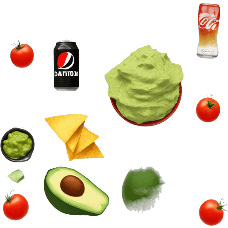 Guacamole with little pieces of tomatoes,feta cheese cubes,  salt pepper,  and a side of nachos and coke. And a text “guacamole today?” emoji