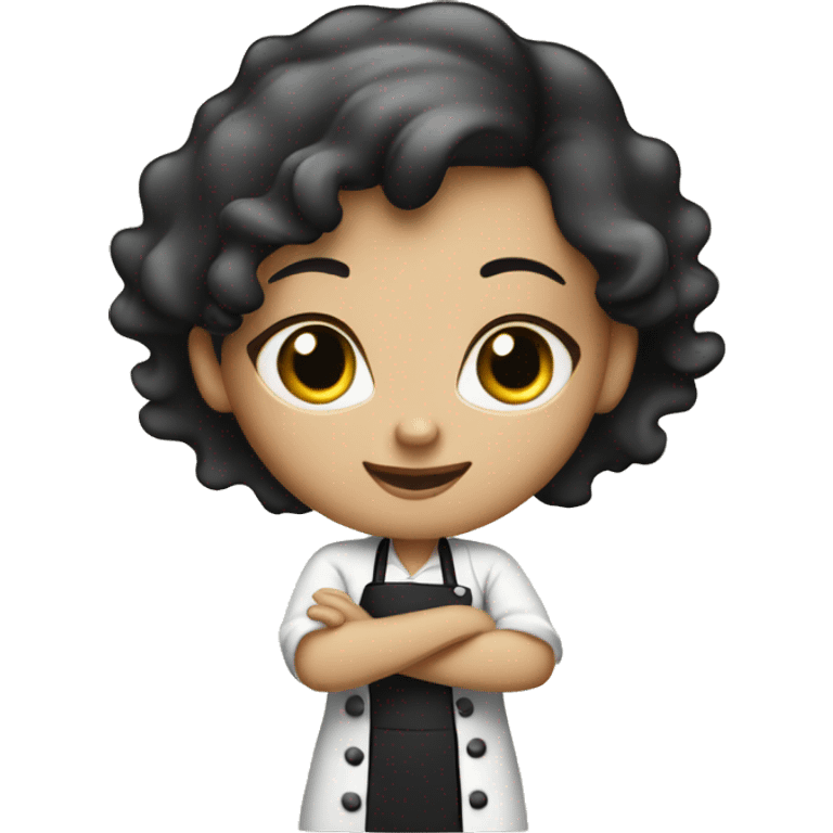 a white black wavy hair female pastry chef, standing up holding a baking tray. show full body emoji