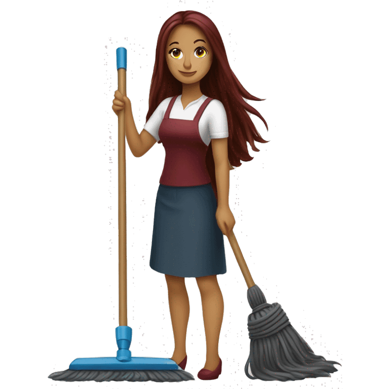 Beautiful burgundy long haired woman mopping the floor emoji