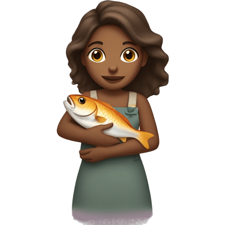 A brown girl holds a fish in her arms emoji