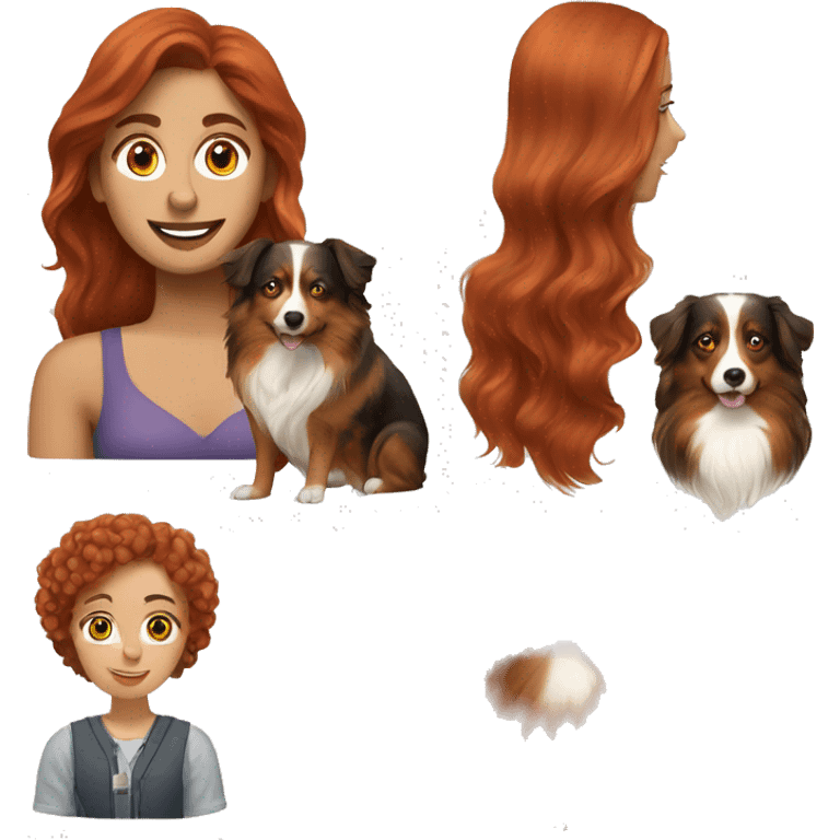 Create an emoji with a long hair redheaded woman and a 2 miniature Australian shepherd dog emoji