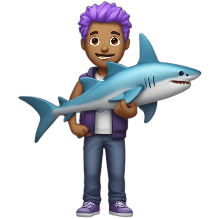 guy with purple hair holding a shark toy emoji