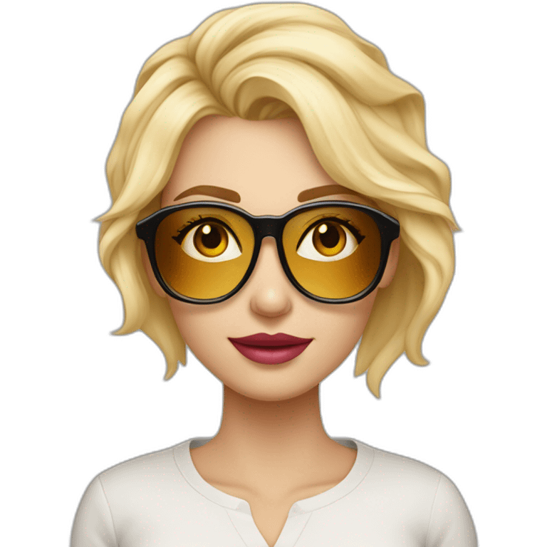 Mujer rubia con el liso pero con volumen y con gafas de oro rosa y ojos miel maquillados. Lleva una camisa moderna emoji