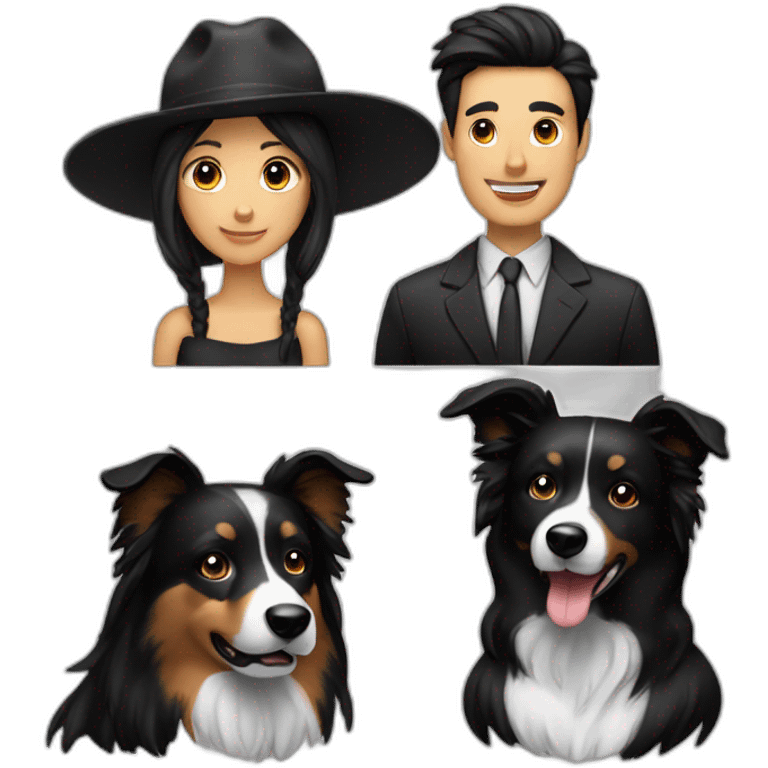 group consisting of man in hat and woman with black ponytail long hair and small black border collie dog emoji