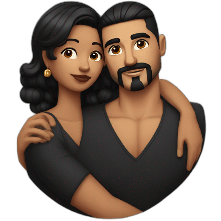 Very short haircut hair latino man with skin fade, detailed moustache and beard, cuddling a black woman with straight black hair and big earrings emoji