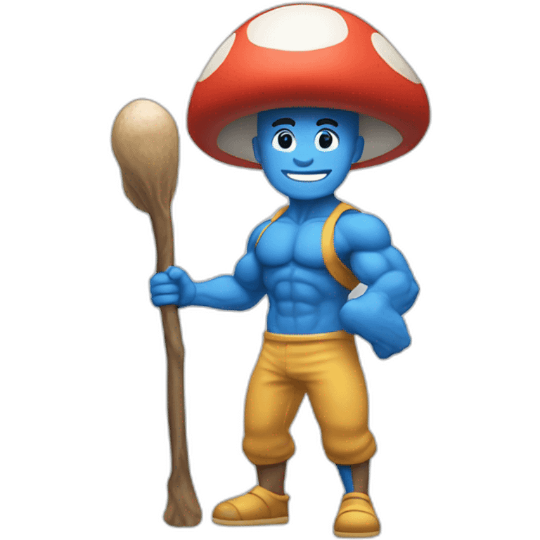 Strong muscles Blue human NO ears wearing a mushroom cap carrying a stick in one arm standing on two legs emoji