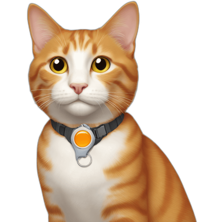 ginger cat with orange colored neckband and an airtag emoji