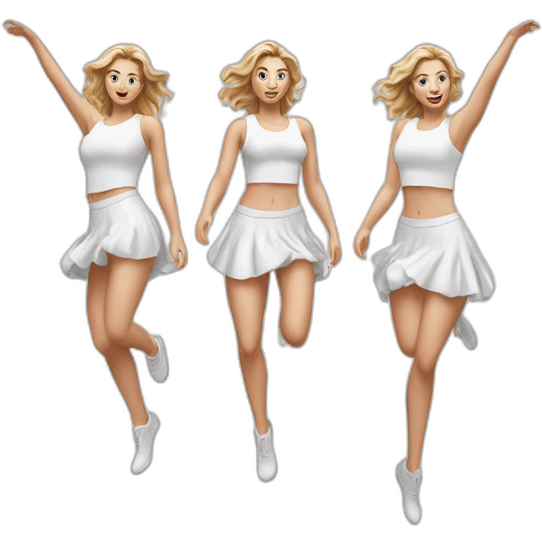 Hyperrealistic Full body Caucasian curvy beauty jumping short white skirt back and front views strong wind emoji