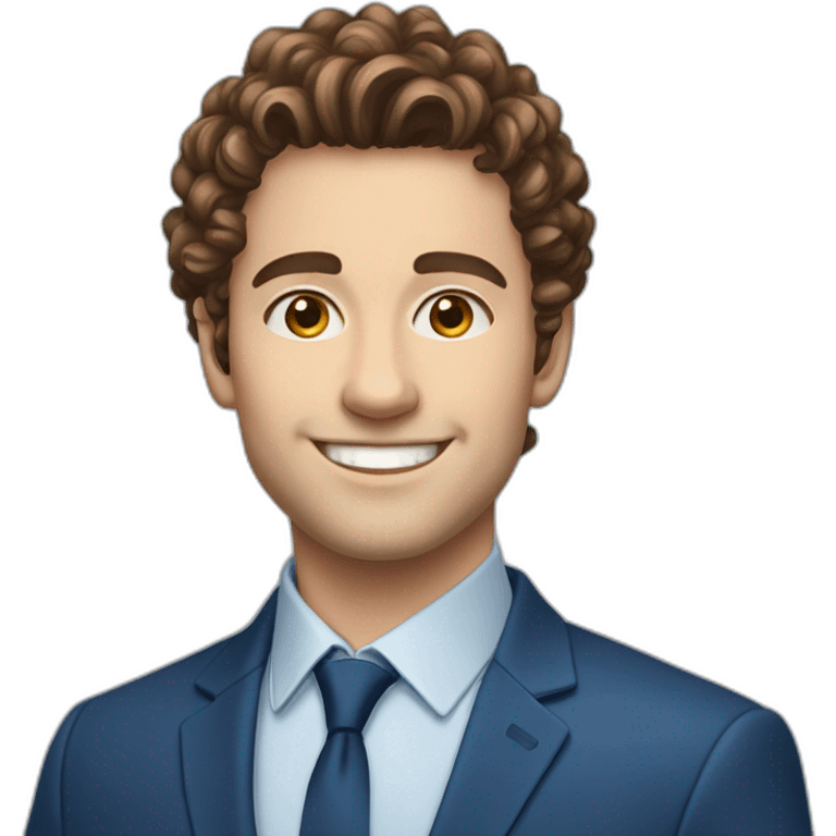 Young european business man with brown curly hair, sidecut, smiling, blue suit emoji