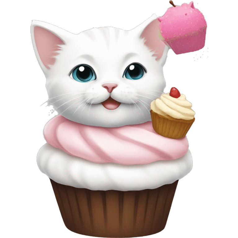 White kitten wearing a cupcake on its head  emoji