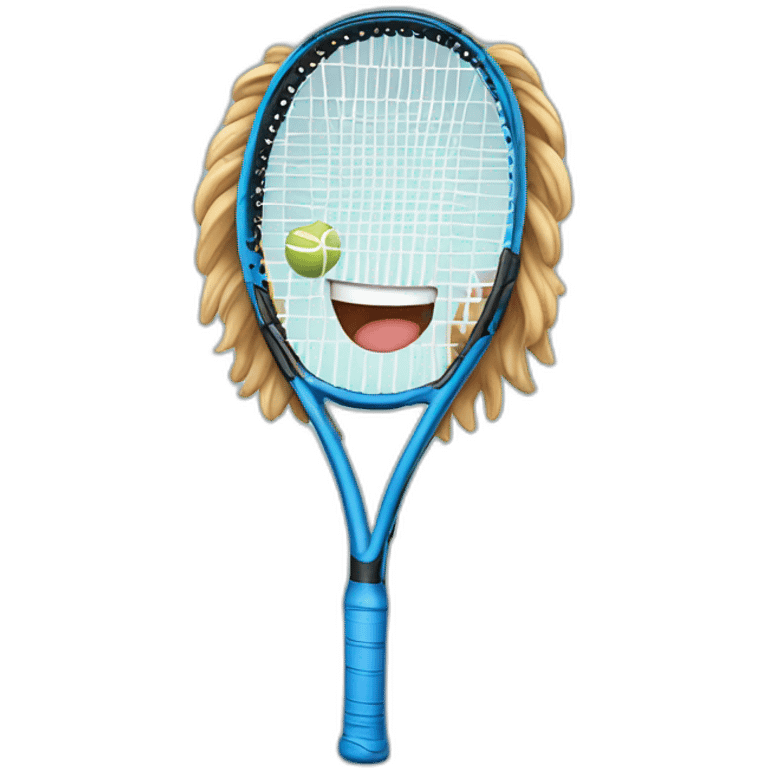 smiling tennis racket with long hair and blue eyes emoji