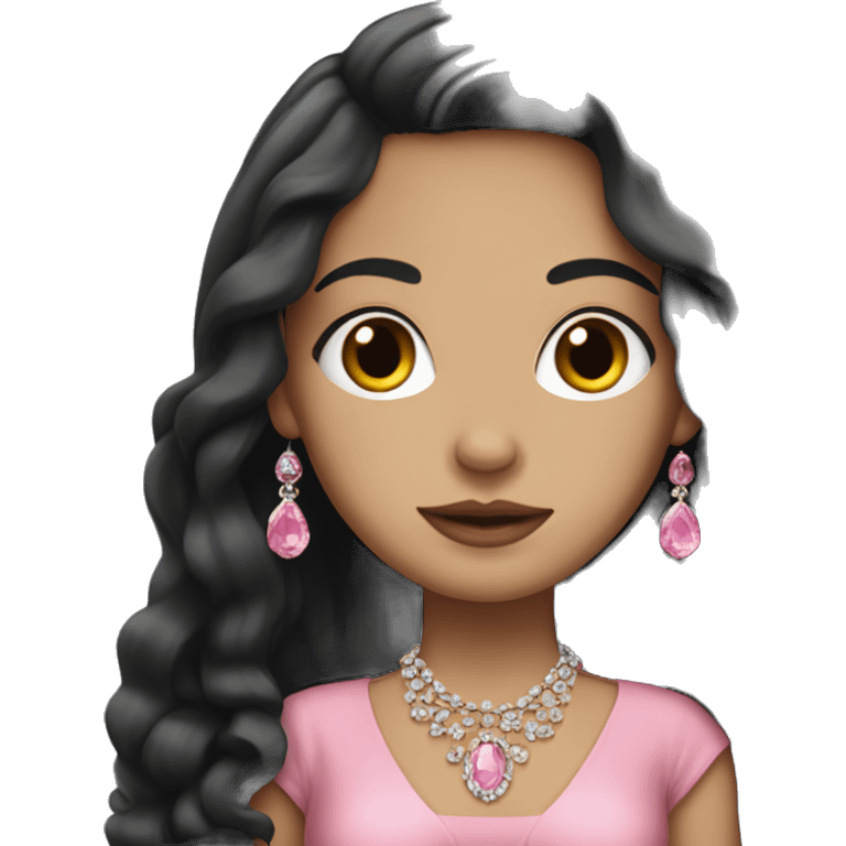 White girl with long black hair wearing a pink dress with jewelry emoji