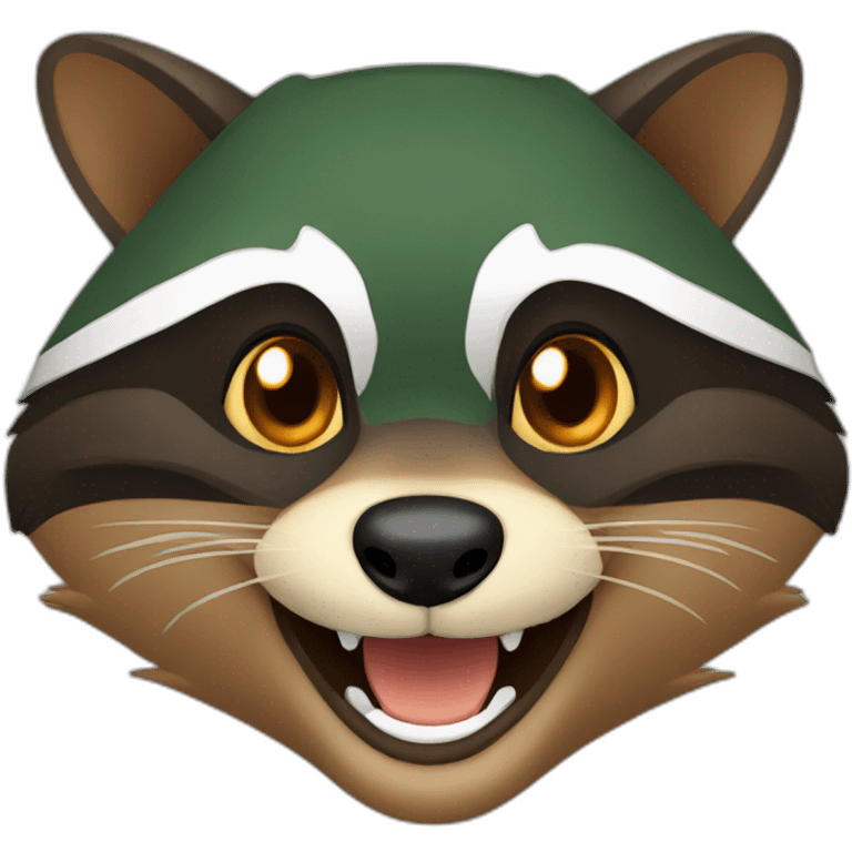 brown raccoon with orange eyes and a dark green hood that is laughing emoji