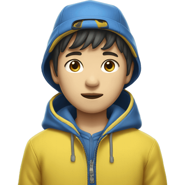 korean boy in yellow cap wearing blue unbuttoned jacket  emoji