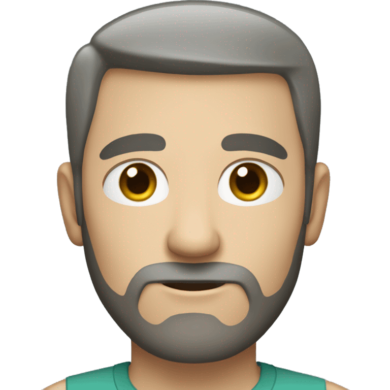 white man with very short beard and very short hair. the hair is a little bit grey (with a little black). greyish green shirt. he has blue eyes. emoji