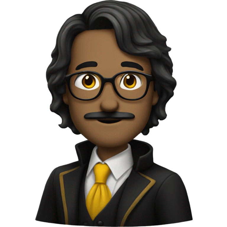 a white man with black, long and straight hair, a black mustache and glasses, hufflepuff emoji