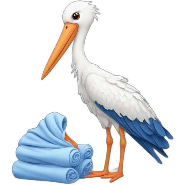 White stork carrying a blue bundle of cloth that has a human person cute baby human in it and the human baby head is peeking from the fabric the strok is carrying in its beak emoji