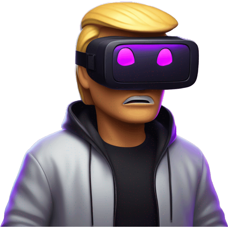 Donald Trump wearing a black hoodie with "OMG" letters on it and VR headset oculus quest 2 in a cyberpunk VR environment with violet neon lighting. emoji