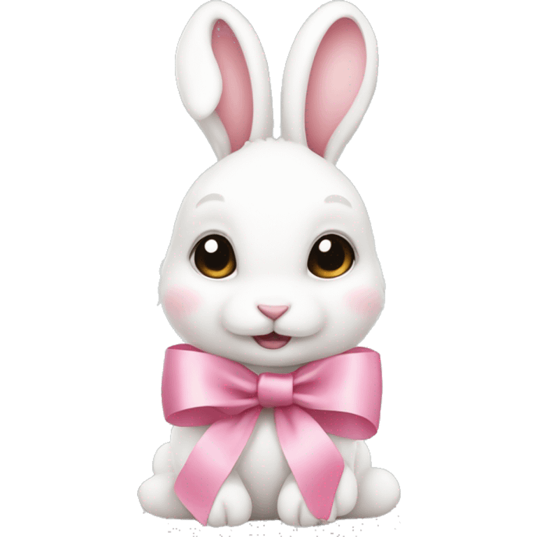 Cute white rabbit with pink ribbon and pink blush emoji