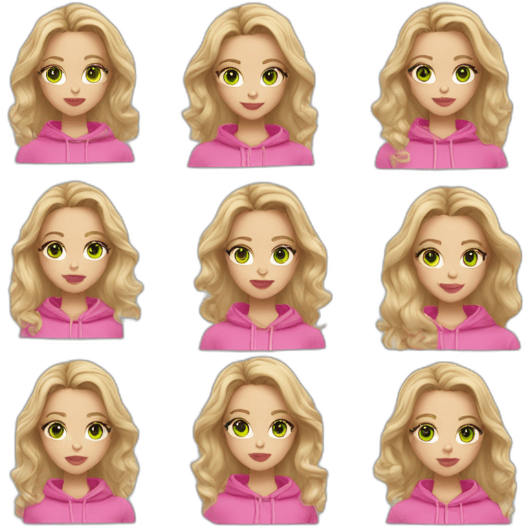 white woman with wavy blond hair and long eyelashes and green eyes wearing pink lipstick and pink hoodie  emoji