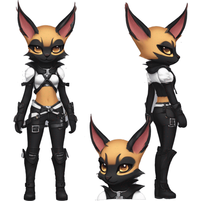 cool kawaii anthro edgy pretty elegant beautiful fantasy black ethereal nargacuga-Noivern-caracal-Quiana-Fakemon collar techwear harness leather garter belt pouches emoji