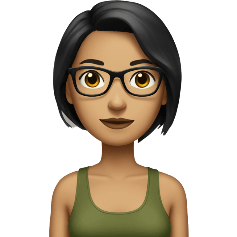 white skined woman with straight black hair with a olive green tank top with glasses tortoise  emoji