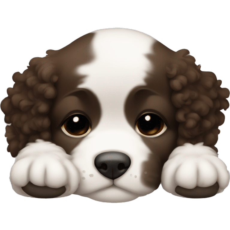 Sleeping black and brown curly fur puppy with white chest and chin emoji