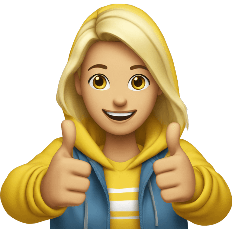 A 30-year-old blonde woman in a yellow hoodie smiles and shows a ‘Thumbs Up’ sign with her hand  emoji