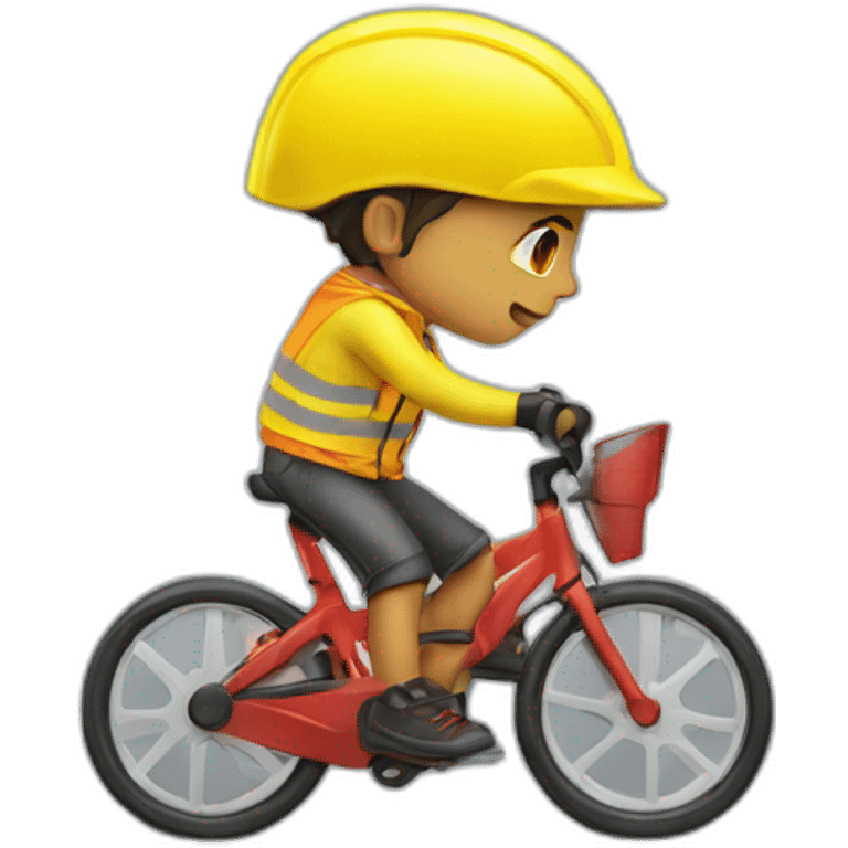 young guy with red bicycle helmet wearing a yellow high visibility jacket emoji