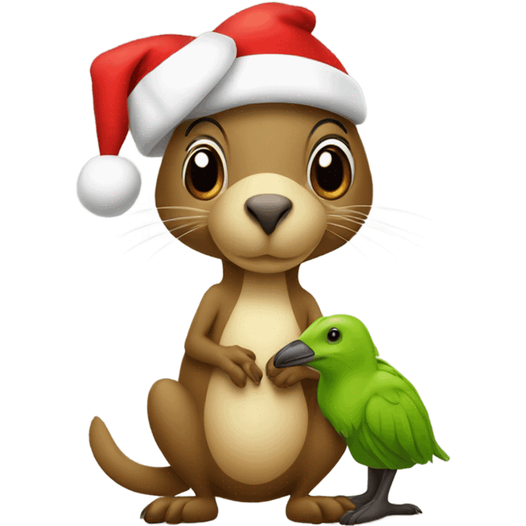 kiwi bird and kangaroo wearing Santa hats emoji