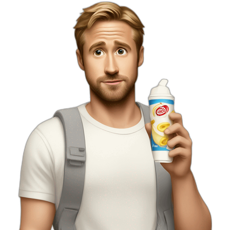 Ryan Gosling neutral face holding tube of mayonnaise emoji