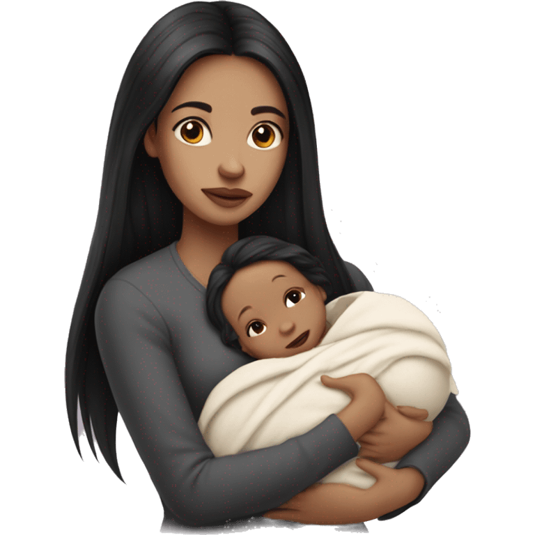 Pale girl with long black hair is holding a pale newborn baby emoji