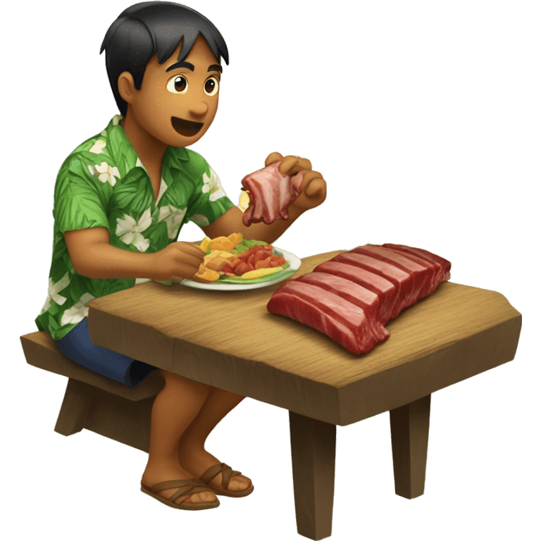 a Hawaiian boy w th  bunn eating rib on a tabe emoji