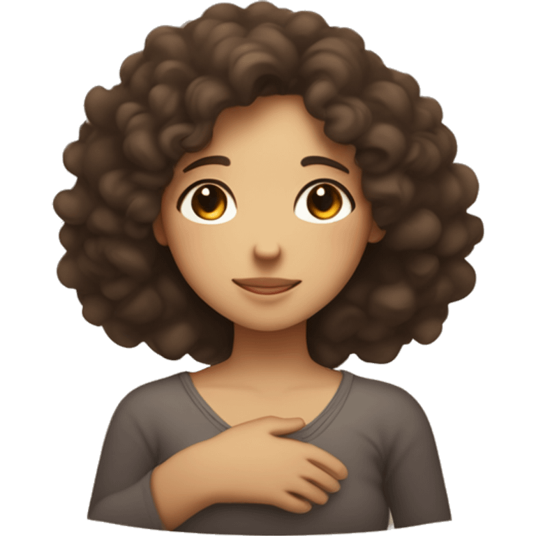 “Minimalist figure of a brunette girl with curly hair hugging herself, arms crossed over her chest. Her face shows closed eyes and a gentle smile, with a glowing circle at her chest symbolizing love and healing.” emoji