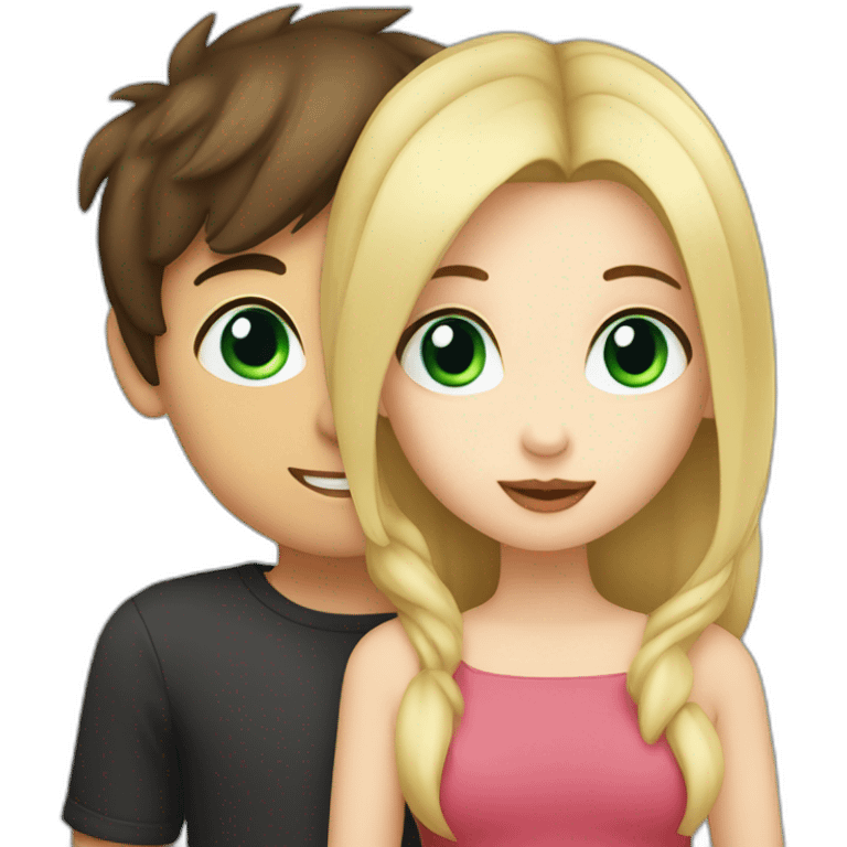 Girl with blue eyes and blonde hair kiss a boy with dark brown hair and green eyes emoji