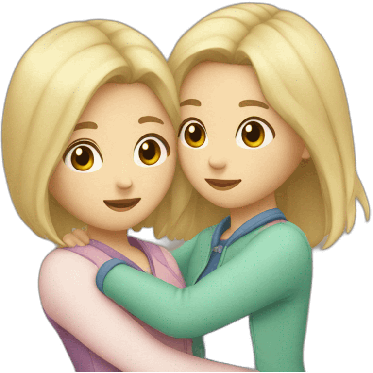 Two girls friends one with blonde short hair, second asian with long brown hair hugging each other emoji