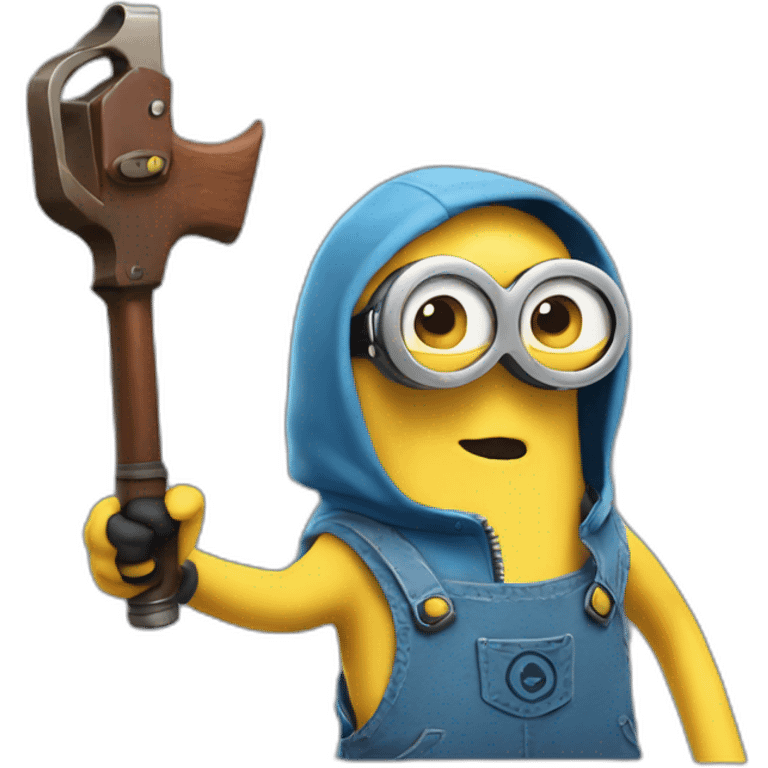 a minion in a blue sleeveless shirt with a hood on his head there is no face only glasses and eyes and there are pistols in both hands emoji