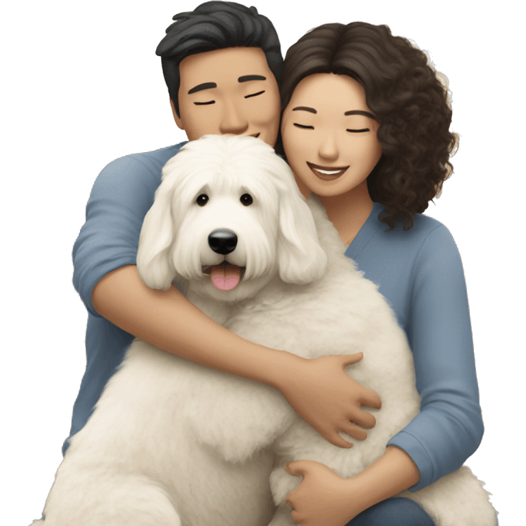 asian couple hugging with a big white goldendoodle emoji